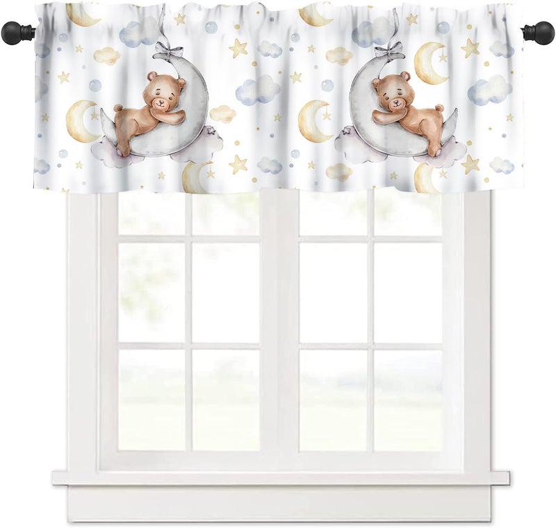 JanJCurt Cartoon Bear Window Valance, Cute Teddy Bear Sleeps Watercolor Moon Stars Print Blackout Short Window Curtain for Kitchen Baby Bedroom Nursery Living Room, 54x18inch - Image 1